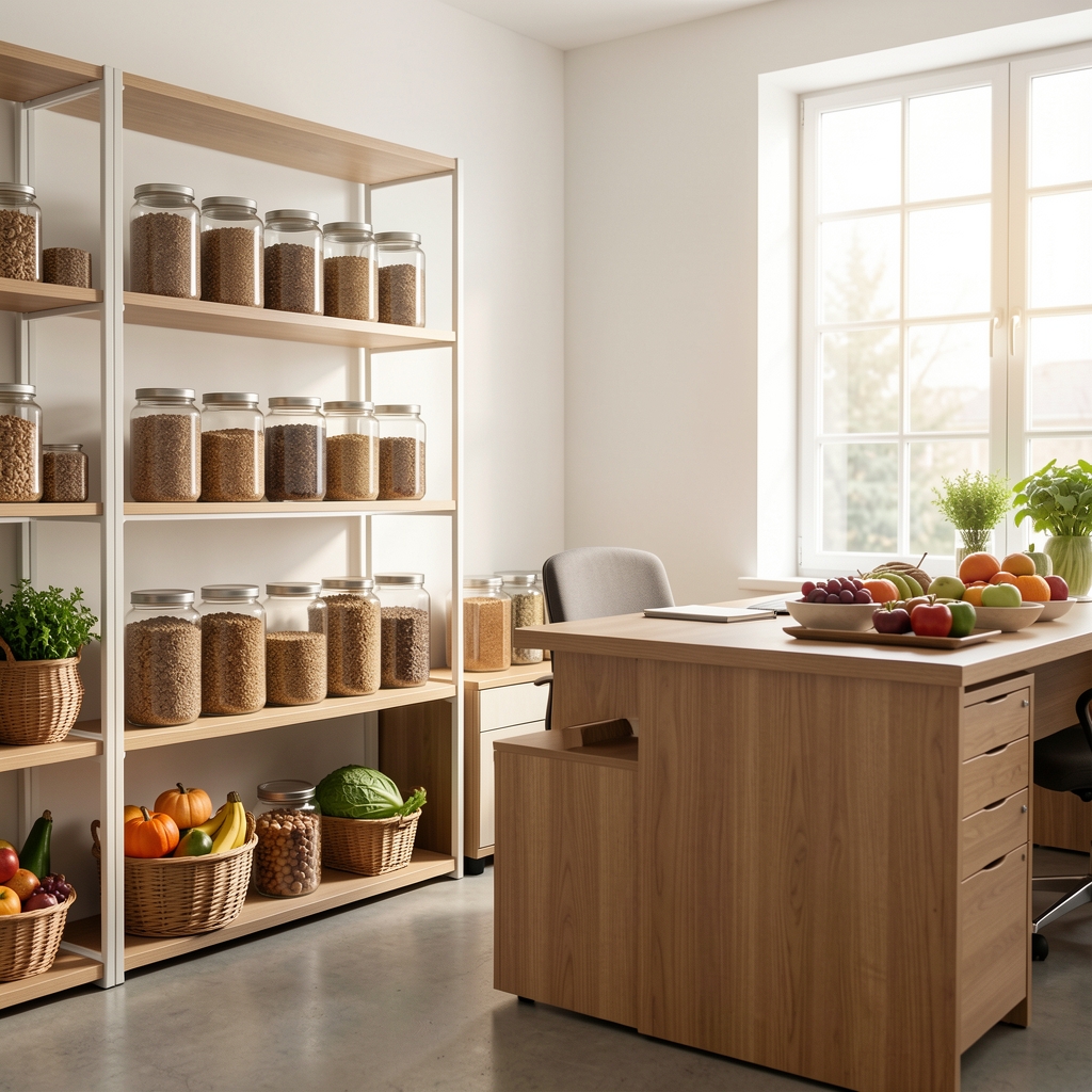 Bright professional studio space with shelving, whole grain samples in glass jars, seasonal produce and a consultation desk with natural window light