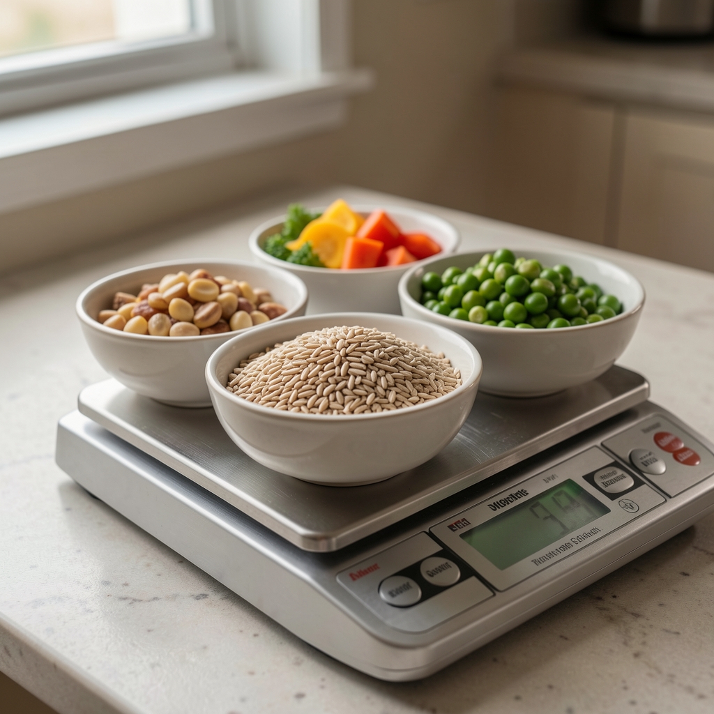 Close-up of food portions measured out in small bowls on a kitchen scale, whole grains and vegetables in natural light