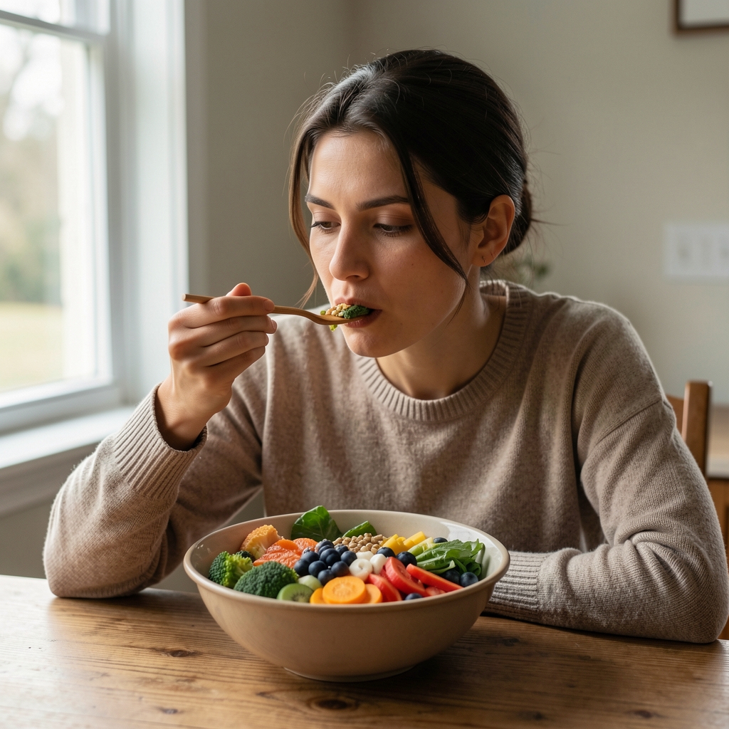 Person seated at a table with a bowl of colourful whole food ingredients, eating slowly and looking out a window in a calm natural-light setting