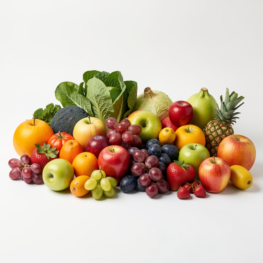 Variety of colourful seasonal fruits and vegetables arranged by season on a clean white surface under controlled studio lighting